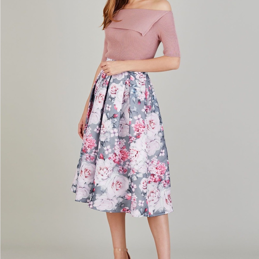 Gray and  Pink Rose Organza Pleated Midi Skirt